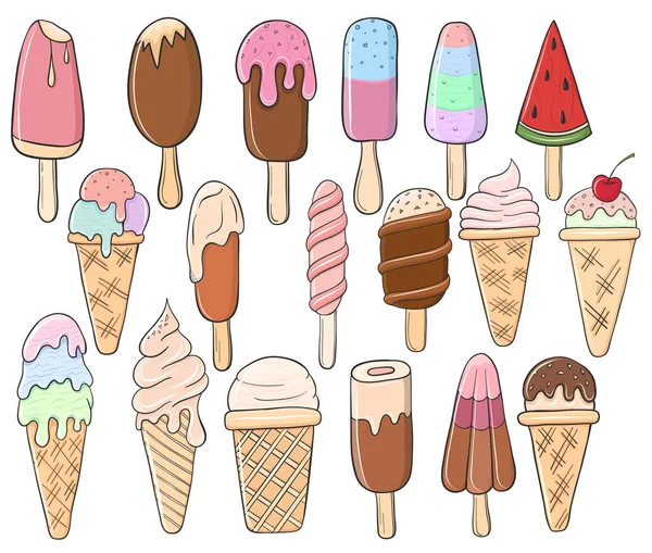 Set Different Chocolate Fruit Berry Ice Cream Hand Drawn Summer — ストックベクタ