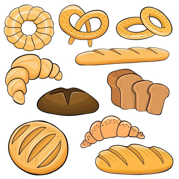 Set of wheat and rye bread, cake, bagel, croissant, baguette  hand drawn in cartoon style