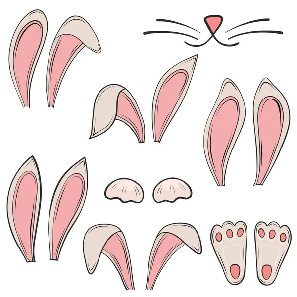 Set Funny Hare Rabbit Bunny Ears Paws Nose Easter Mask — Stock Vector