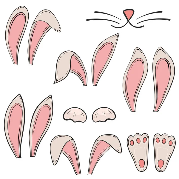 面白いウサギのセット ウサギ ウサギの耳 東マスクの休日のための爪と鼻 — ストックベクタ