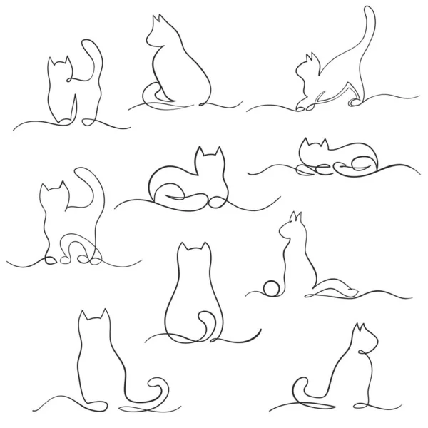 Set Different Cat Silhouette One Line Hand Drawn Design — Vetor de Stock