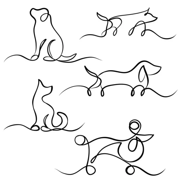 Set Different Dog Silhouette One Line Hand Drawn Design — Vetor de Stock