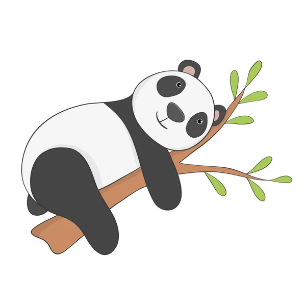 Funny Panda Lying Branch Cartoon Style Hand Drawn — 스톡 벡터