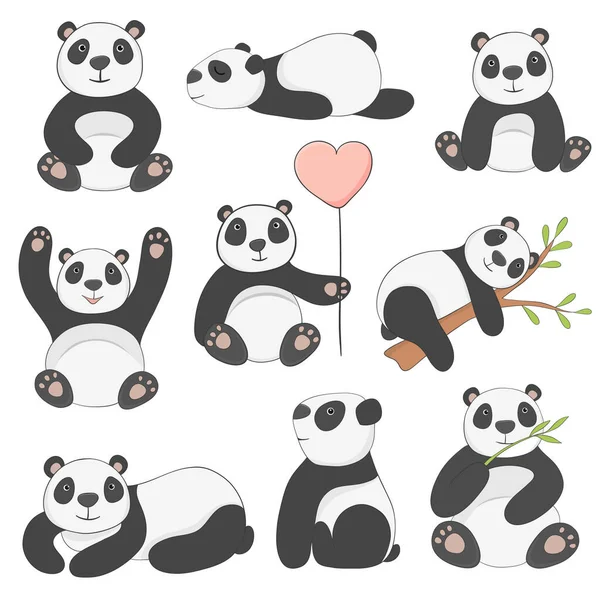 Set Funny Panda Bears Cartoon Style Hand Drawn — Vector de stock