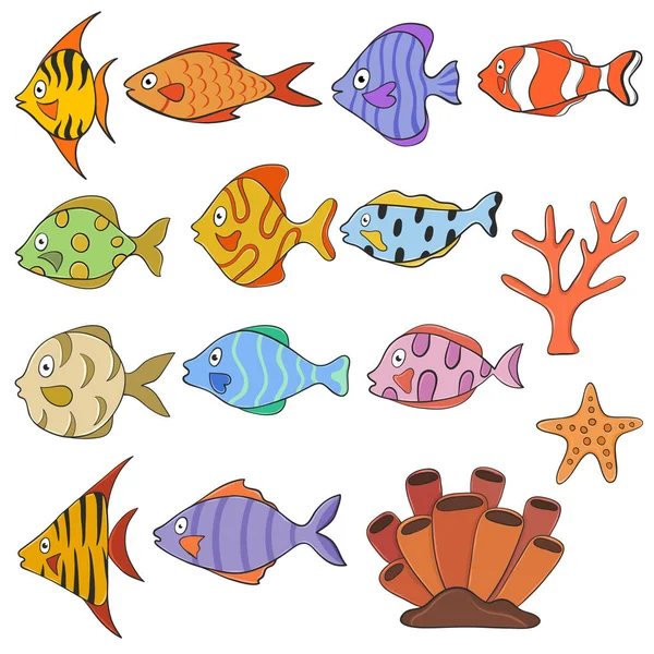 Set Colorful Tropic Fishes Corals Cartoon Style Hand Drawn Design — Stockvector