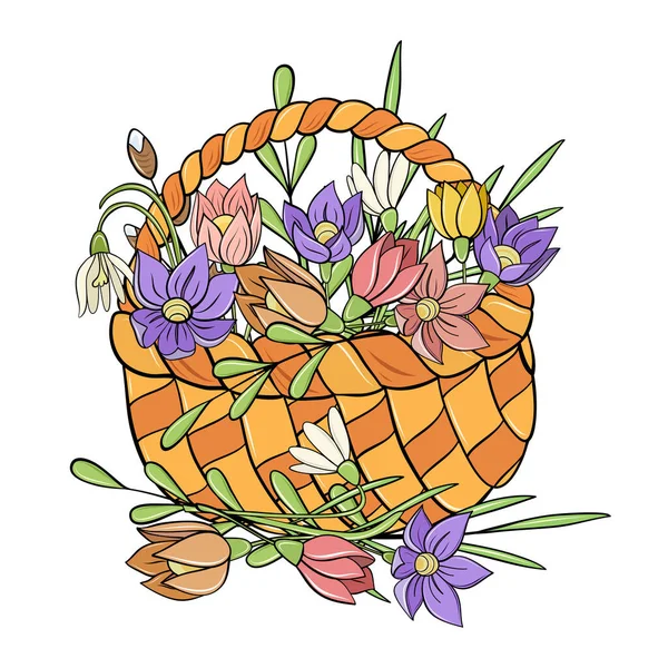 Weidenkorb Mit Frühlingsblumen Cartoon Stil Für Osterkarten Design — Stockvektor