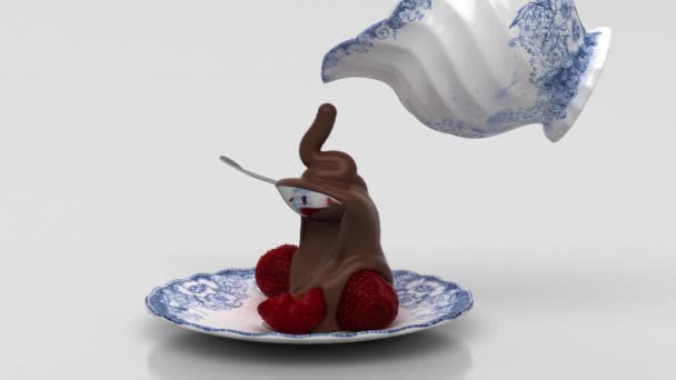 Carafe将液体巧克力倒在草莓上 甜甜的 3D插图 3D渲染 — 图库视频影像