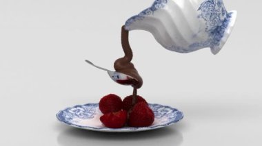 Karafe çileklerin üzerine sıvı çikolata döker, tatlı, 3 boyutlu illüstrasyon, 3 boyutlu çizim