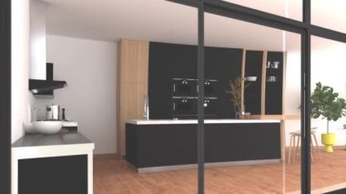 Soba, ocak ve rafla evcil bir modern mutfağa uçun, 3D çizim, 3D illüstrasyon, üç boyutlu çevre, mimari, mühendislik