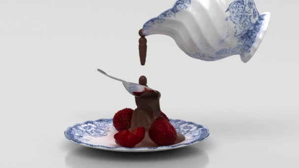 Carafe Derrama Chocolate Líquido Sobre Morangos Doce Ilustração Renderização — Vídeo de Stock