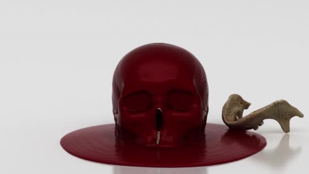 Череп Человека Отдельной Челюстью Покрытый Струей Крови Текущей Сверху Хэллоуин — стоковое видео