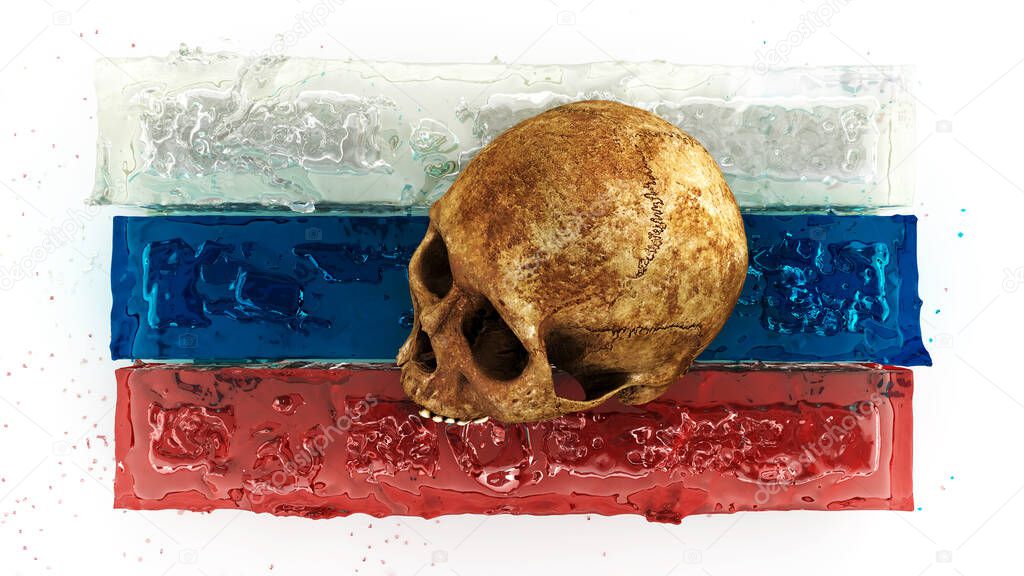 Flag of Russia formed by liquids, Abstract Flag of Russia with big Skull, a metaphor for war, 3d rendering, 3d illustration