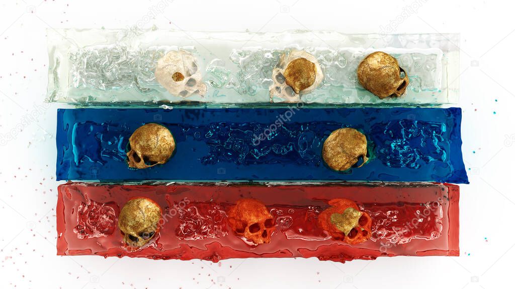 Flag of Russia formed by liquids, Abstract Flag of Russia with big Skull, a metaphor for war, 3d rendering, 3d illustration