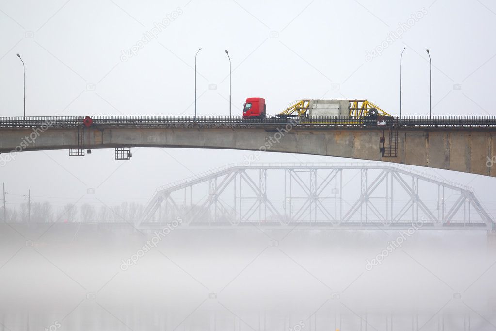 The lorry on the bridge in a fog