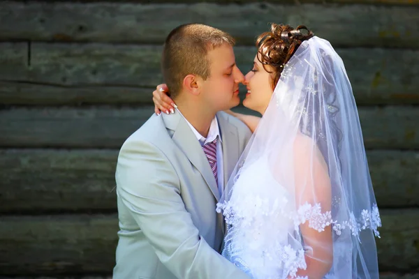 Kissing groom and bride — Stock Photo, Image