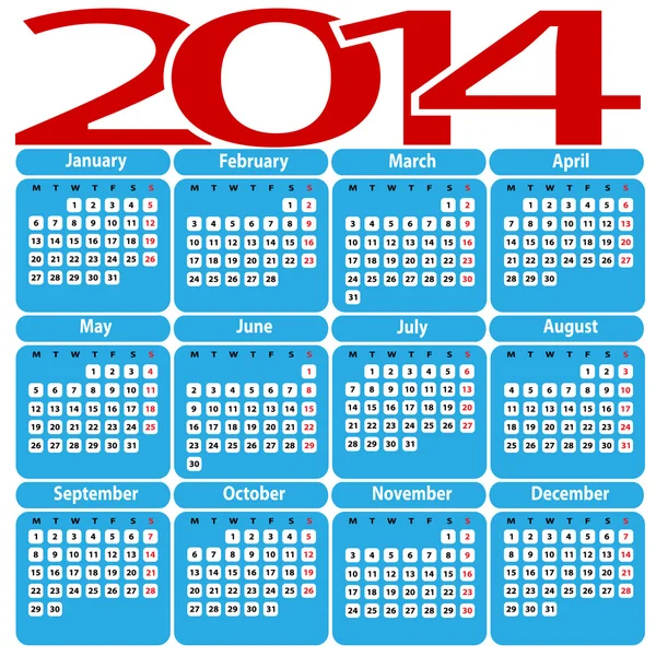 Calendario 2014 . — Vector de stock