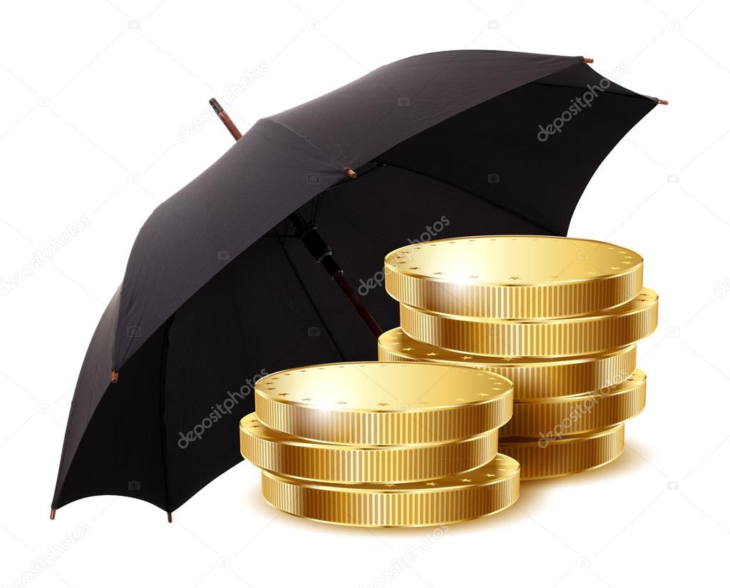 coins under a black umbrella
