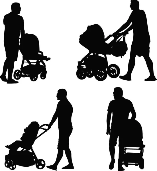 Mâle Avec Poussette Bébé Ensemble Silhouettes — Image vectorielle