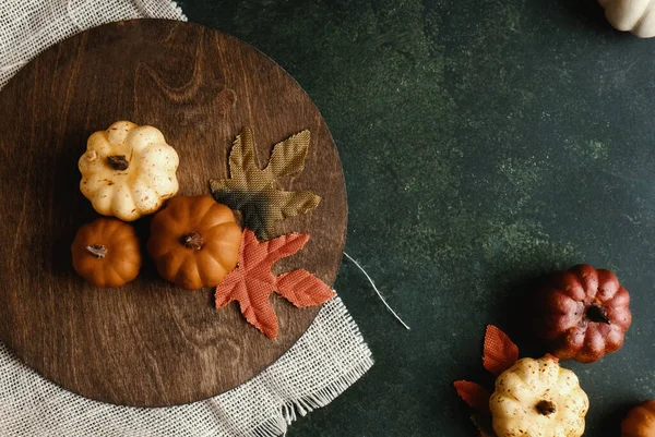 Fall Season Background Arrangement Flat Lay Rustic Style Leaves Pumpkins — Foto Stock