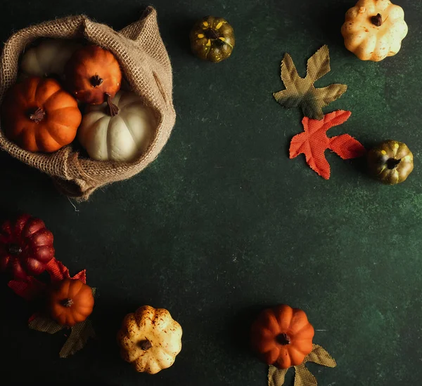 Fall Season Background Flat Lay Rustic Style Leaves Pumpkins Top — Fotografia de Stock