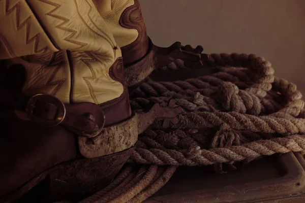 Leather Cowboy Boots Spurs Rope Close Western Lifestyle — Foto de Stock