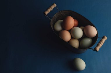 chicken eggs in a bowl on a dark background
