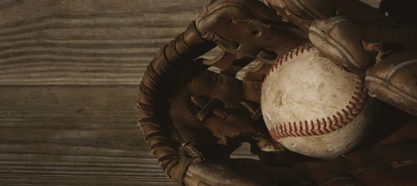 Baseball Ball Old Dirty Leather Glove Top View — Stock Fotó