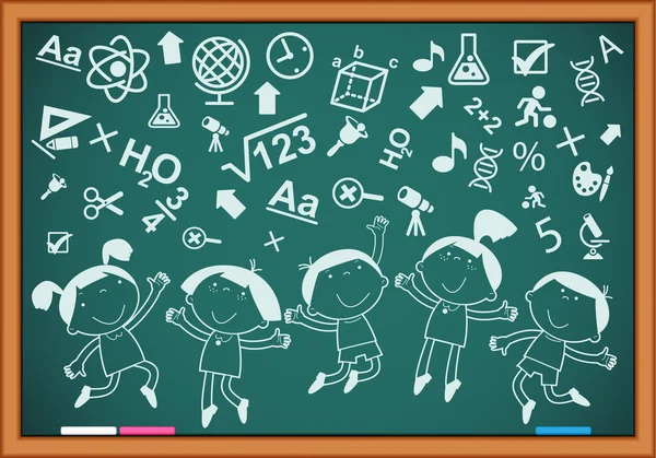 Outlines of the figures children with icons on the blackboard — Stock Vector