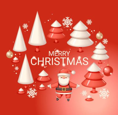 Mutlu noeller. Düz modern tasarım. Noel Baba ağaçlarla, kar taneleriyle, oyuncaklarla çevrili.