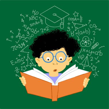 Boy with a book in his hands surrounded by icons. Education concept. Student boy. Hand drawn illustration