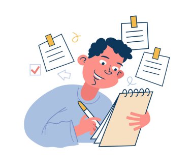 Cartoon man writes notes. Businessman writes on stickers and develop a business project. Brainstorming and creative thinking. Successful completion of business tasks. Flat vector illustration.
