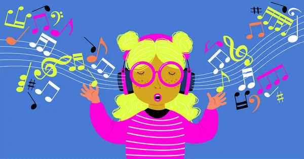 Müzik Notalarıyla Çevrili Kulaklıklı Genç Bir Kız Kız Müzik Dinliyor — Stok Vektör