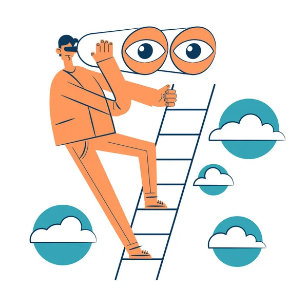 Man Looks Binoculars Stands Ladder Surrounded Clouds Business Goal Search — Vetor de Stock