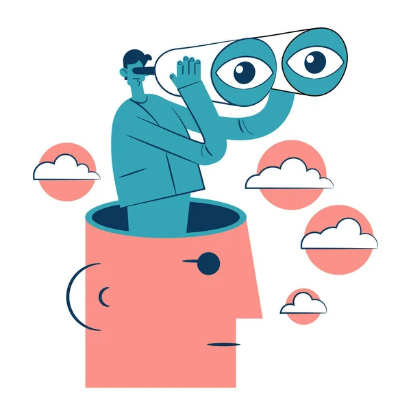 Large Human Head Man Binoculars Surrounded Clouds Business Goal Search — Archivo Imágenes Vectoriales
