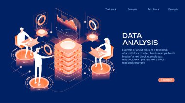  People in the team analyze dioramas and graphics. Data visualization concept. 3d isometric vector illustration.