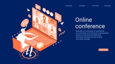 İnternette arkadaşlarınla sohbet et. Toplu sanal toplantı ve grup video konferansı. Çevrimiçi WeBINAR, eğitim. Sanal tartışma. Küçük insan figürlerinin olduğu izotik bir resim. 