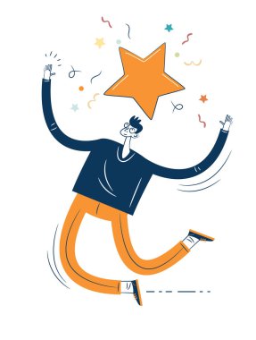 Ödüllü bir adamın karikatürü. Hedefe ulaşma kavramı. Başarının gururu.