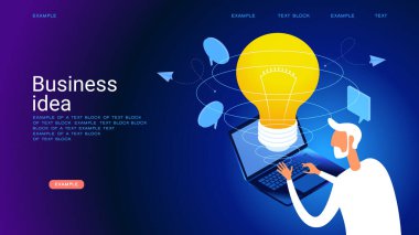 Büyük ampullü bir adam. İş fikri, strateji ve çözüm konsepti. Büyük fikir, düşünmek, yenilik.