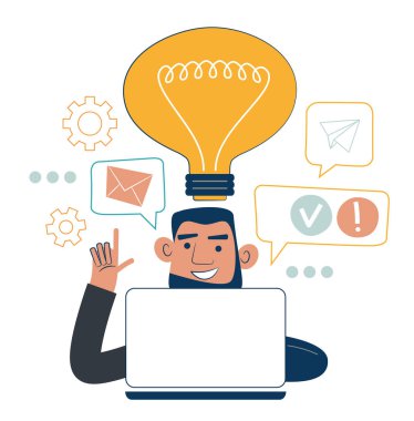 Büyük ampullü bir adam. İş fikri, strateji ve çözüm konsepti. Büyük fikir, düşünmek, yenilik.