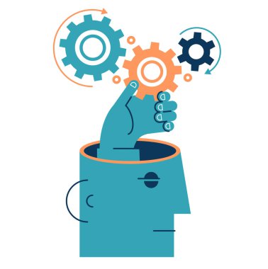 İnsanların elleri vites kollarını tutar. İş kurma konsepti. Ortaklığın ve bağlantının sembolü. İş yerinde etkileşim fikri. İnsan kafası silueti.