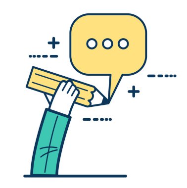 Elinde kalemle konuşma balonu çiziyor. Belge konsepti. Mesaj konuşması yazılıyor. İletişim etiketi