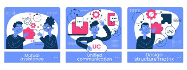 Tasarım yapısı matrisi, karşılıklı yardım, insan karakterleriyle birleşik iletişim kavramları. İş desteği soyut kavram. 