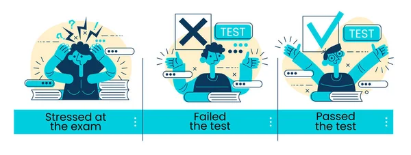 Exames Isolados Desenho Animado Conjunto Ilustrações Vetoriais Estressado Exame Falhou —  Vetores de Stock