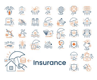 Concept icons set. Collection of different Insurance scenes and situations. Car insurance, accident, health insurance, life insurance
