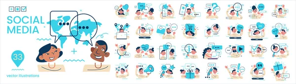 Illustration Set Collection Different Social Media Scenes Situations Social Network —  Vetores de Stock