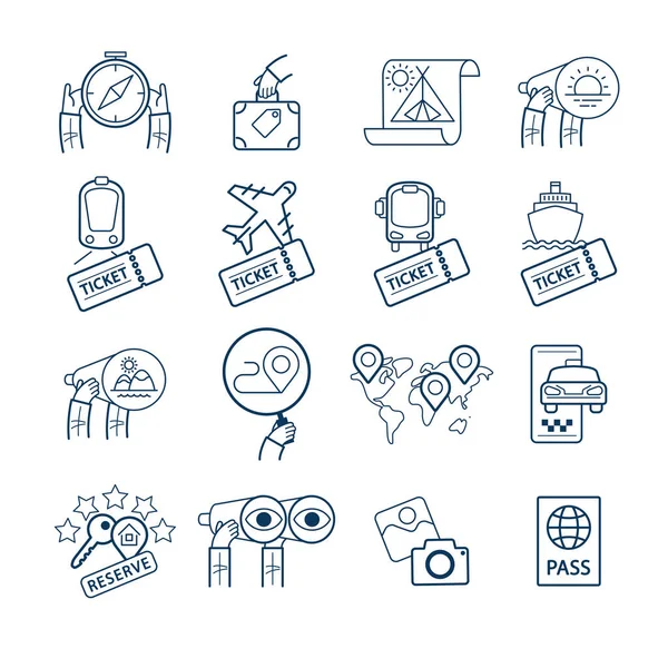 Set Conceptual Travel Icons Attraction Icons Transportation Travelling Hotel Booking — Stockvektor