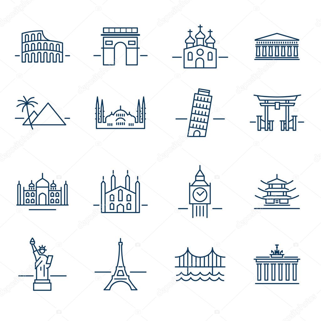 Set of conceptual travel icons. Landmarks signs