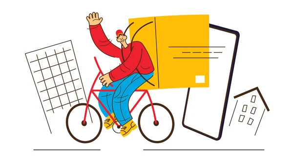 Concepto Entrega Rápida Mensajero Con Una Caja Bicicleta Servicio Entrega — Archivo Imágenes Vectoriales