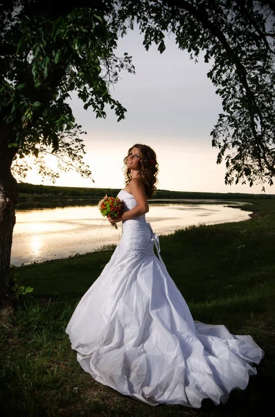 The bride at the riverside under the arch of branches, back view — Stock Photo, Image