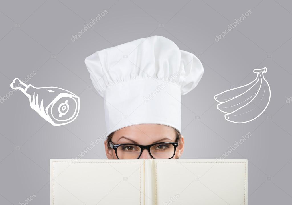 Woman in chef's hat with drawn meat and bananas